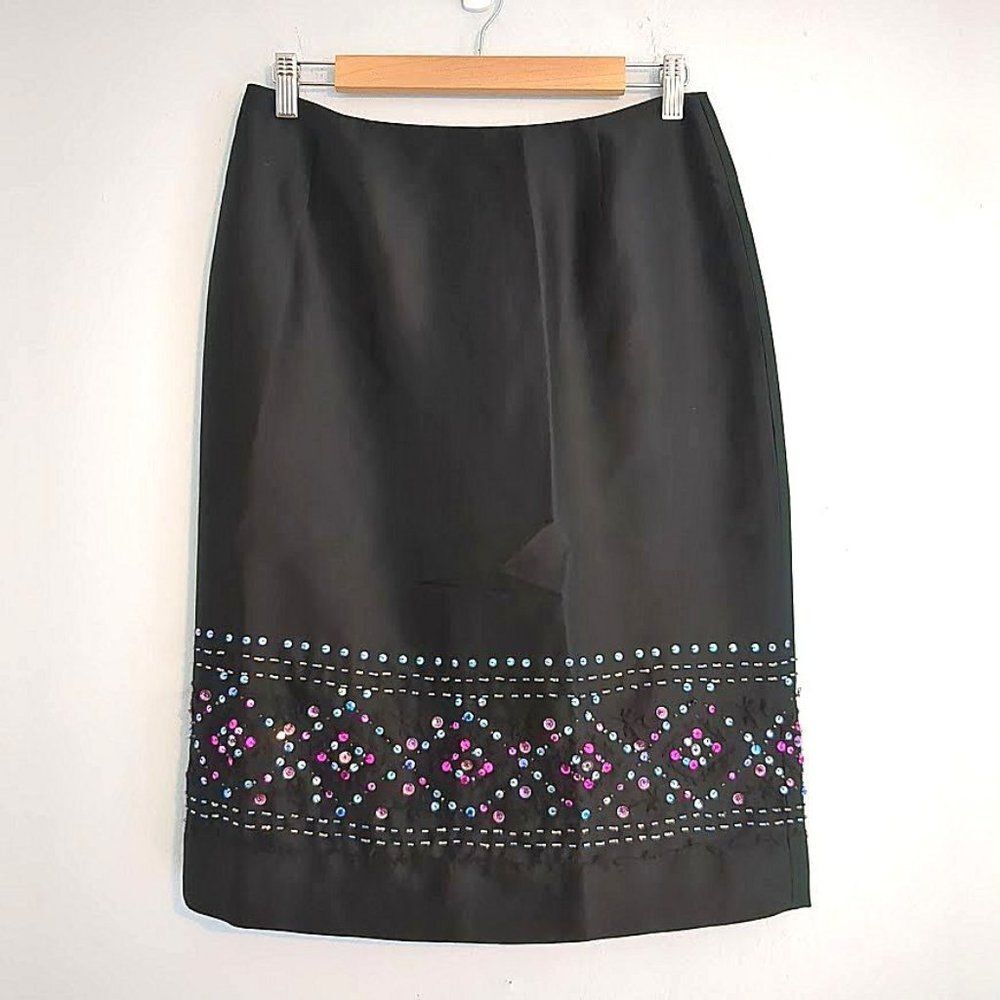 Vintage 1990s Finity Silk Skirt Black Beaded Slit Whimsigoth 1990s Siren Size 8